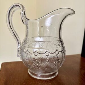 EAPG, ANTIQUE, RICHARDS & HARTLEY, PRESSED GLASS PITCHER. “LEAF & DART” PATTERN